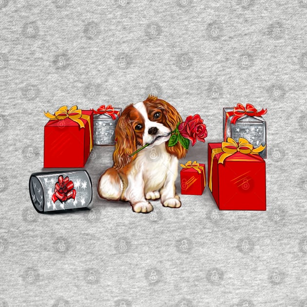 Cavoodle puppy dog with rose in its mouth surrounded by gifts. Especially for you by Artonmytee